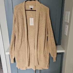 Cozy Beige Open-Front Long Cardigan With Pockets